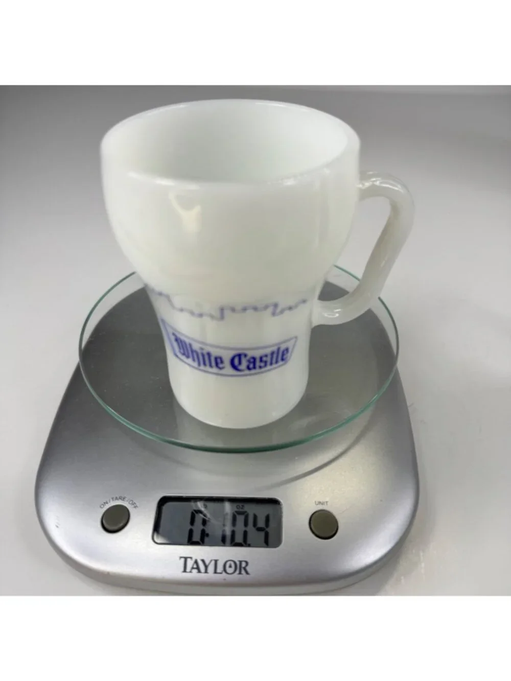 2 Fire-King Anchor Hocking White Castle Milk Glass Coffee Mug Blue Graphics Vtg - Picture 12 of 12